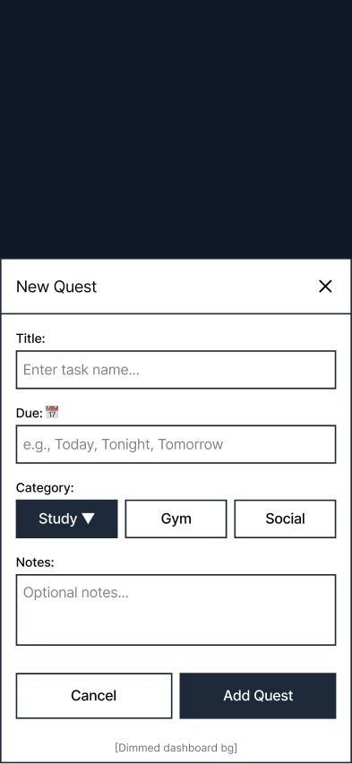 Minimalist mobile wireframe sketch showing simple toggle switches for focus modes, monochrome grey tones
